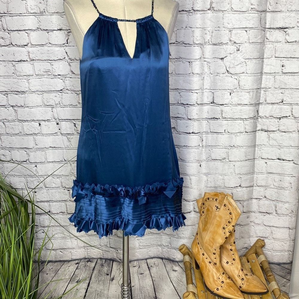 BCBGMaxAzria Teal Blue Satin Mini Dress with Ruffle Hem